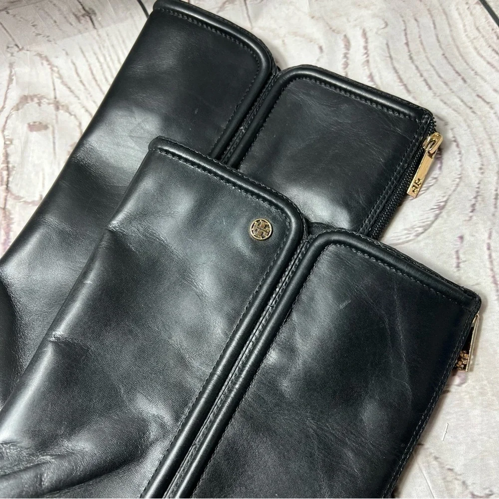Tory Burch Black Irene Wedge Equestrian Leather Calf Boots/Booties